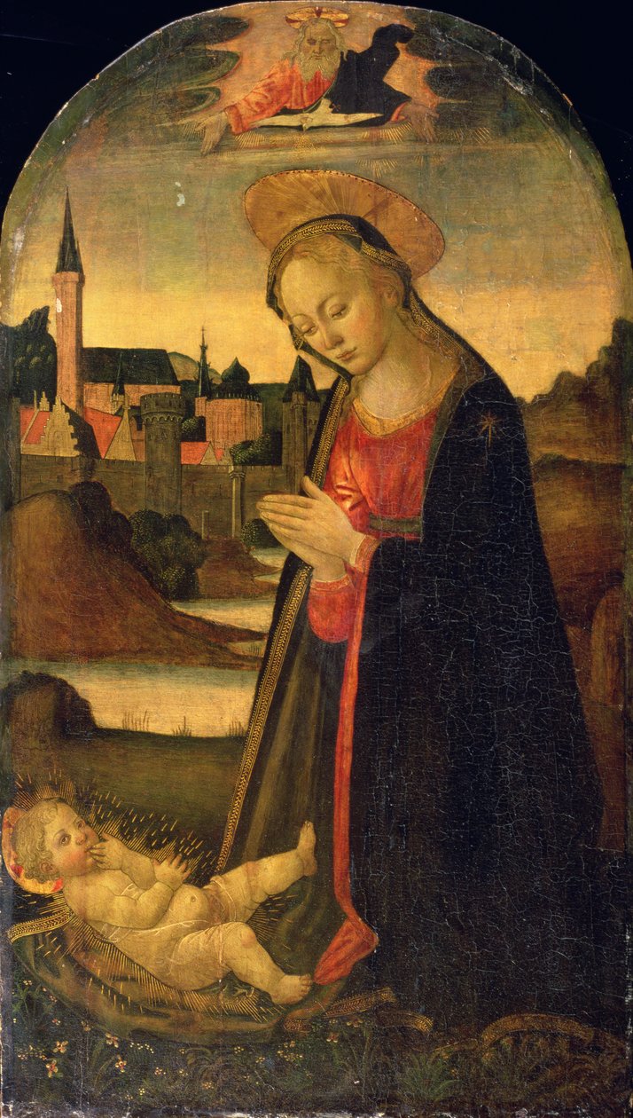 The Madonna Adoring the Child, Kaupunki joen rannalla, n. 1478 (öljy paneelille) tekijältä Master of San Miniato