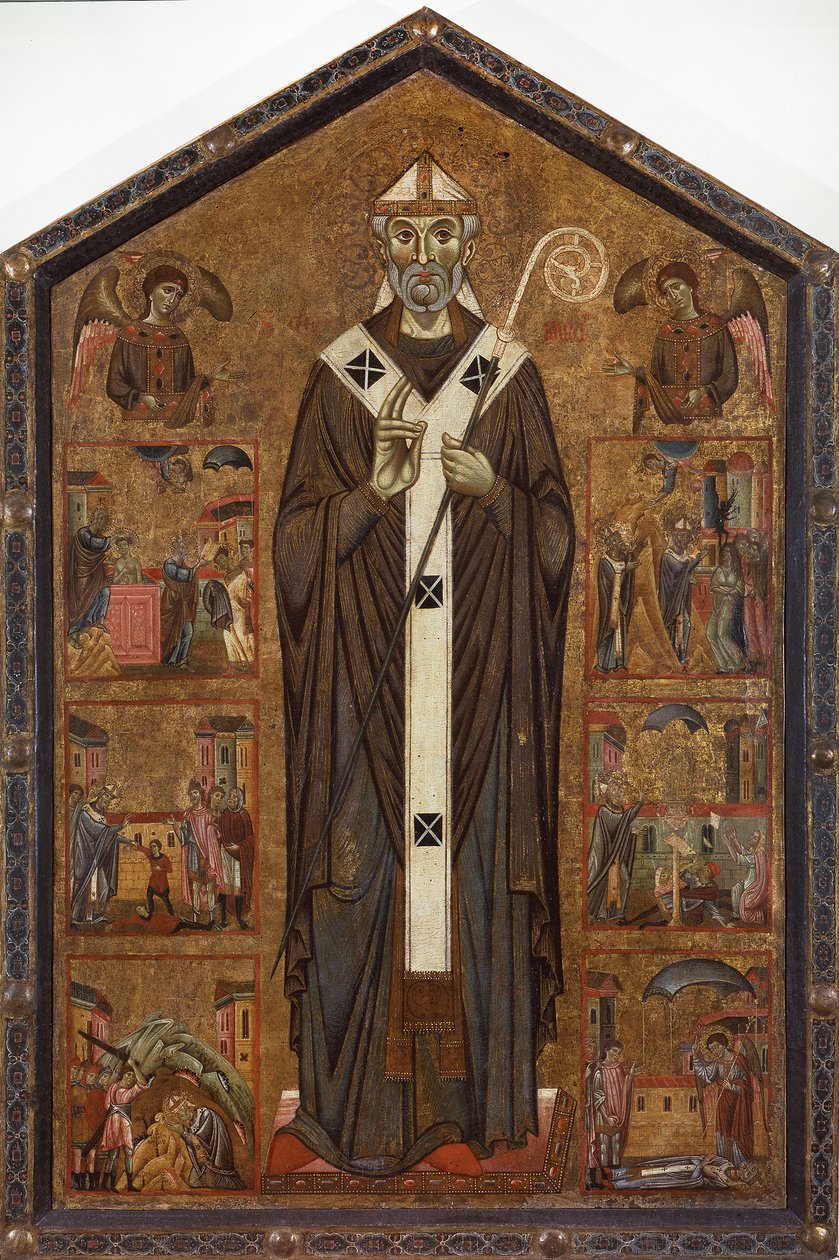 Pyhä Veranus kahden enkelin ja hänen legendansa kuuden tarinan välillä, 1200-luvun loppu tekijältä Master of San Verano