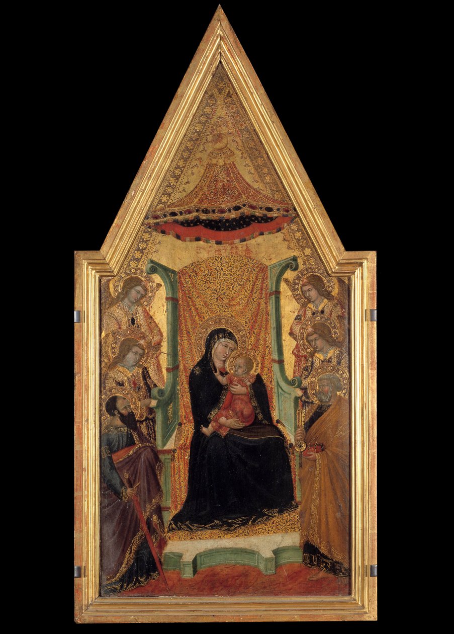 Neitsyt majesteettisuudessa Pyhän Paavalin, Pyhän Pietarin ja neljän enkelin välissä, Santa Marian mestarin alttaritaulu (1300-luku). Koko 0,28 x 0,58 m. Avignon, Musee du Petro Palais tekijältä Master of Santa Maria di Castello
