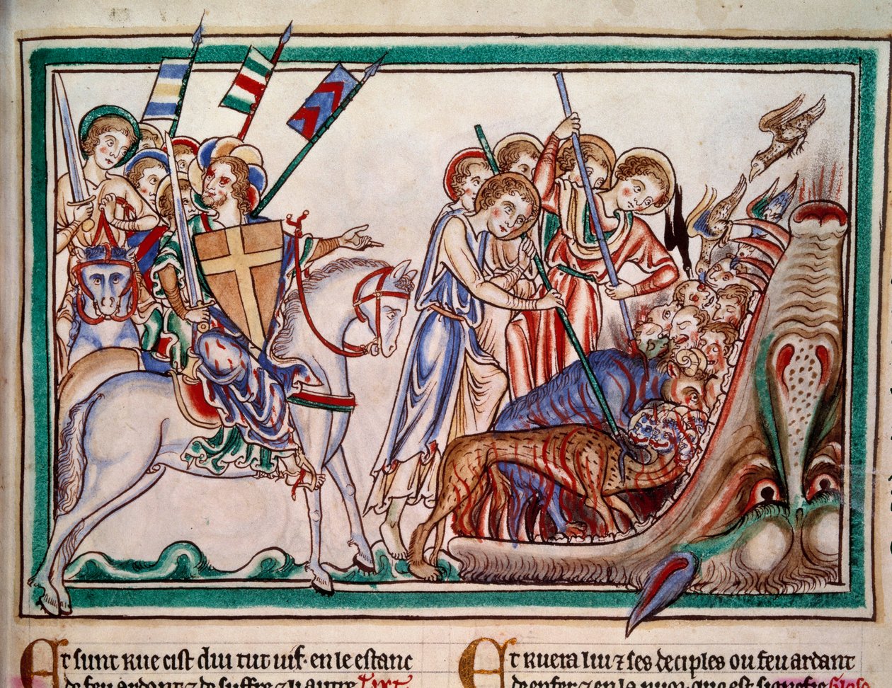 Herra ja Hänen Armee (ost) saastuttaa Beten ja Hänen palvojansa helvetissä. Minature käsikirjoituksesta “” Apocalypse historiee”, Folio 38. 1250. Sarumin mestarin valaistus. Pariisi, NL tekijältä Master of Sarum