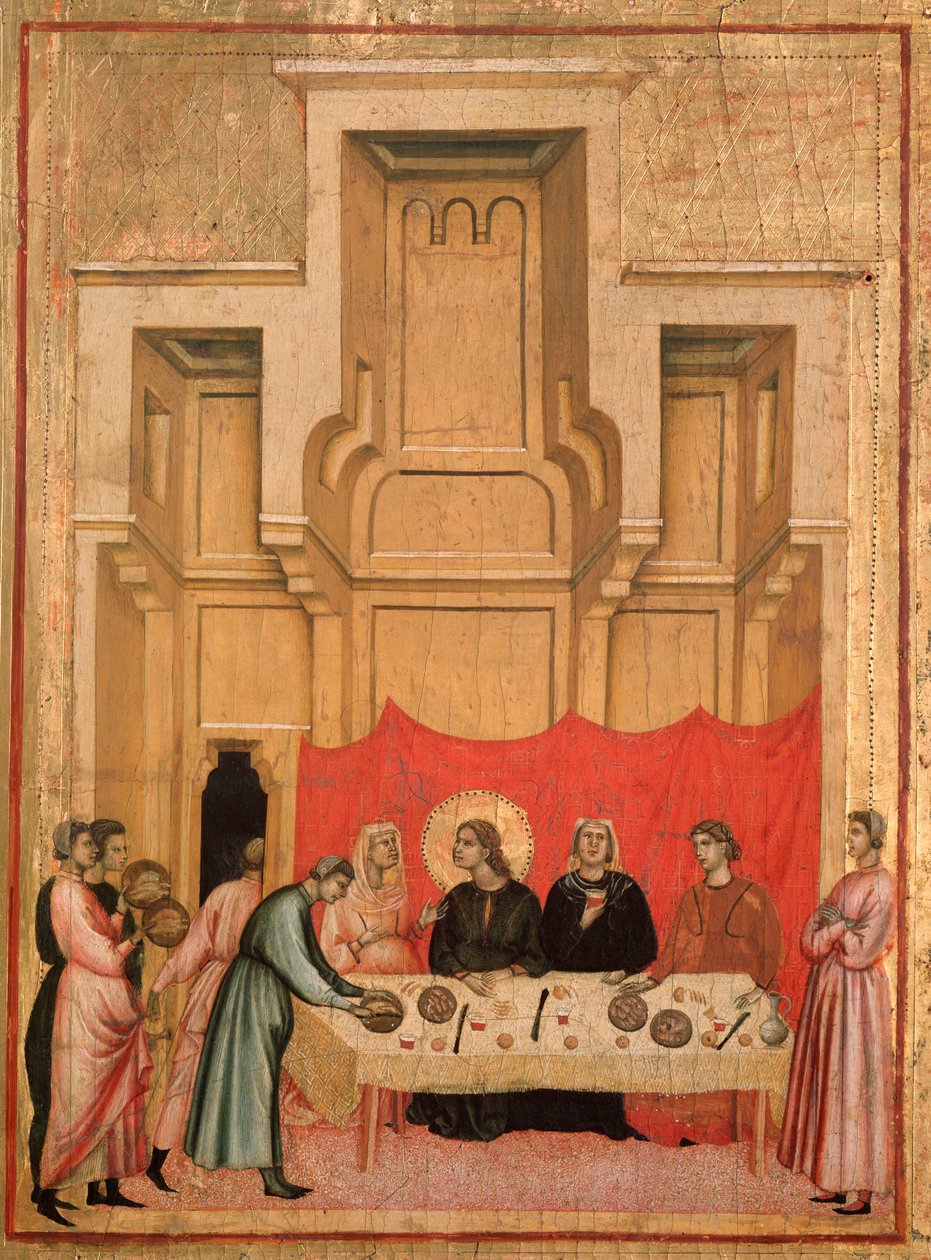 Pyhä Cecilia ja tarina hänen elämästään Yksityiskohta: Cecilian ja Valerianuksen hääjuhla - alttaritaulu, n. 1290-1320 tekijältä Master of St. Cecilia