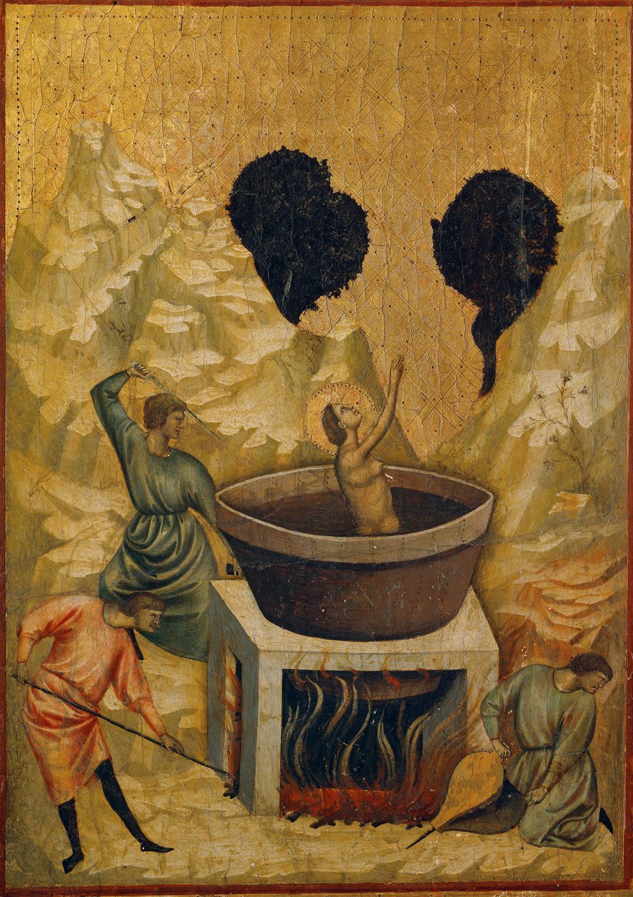 Pyhän Cecilen marttyyrikuolema, upotettu kiehuvaan vesihauteeseen (tempera puun päällä, 1200-luvun loppu - 1300-luvun alku) tekijältä Master of St. Cecilia