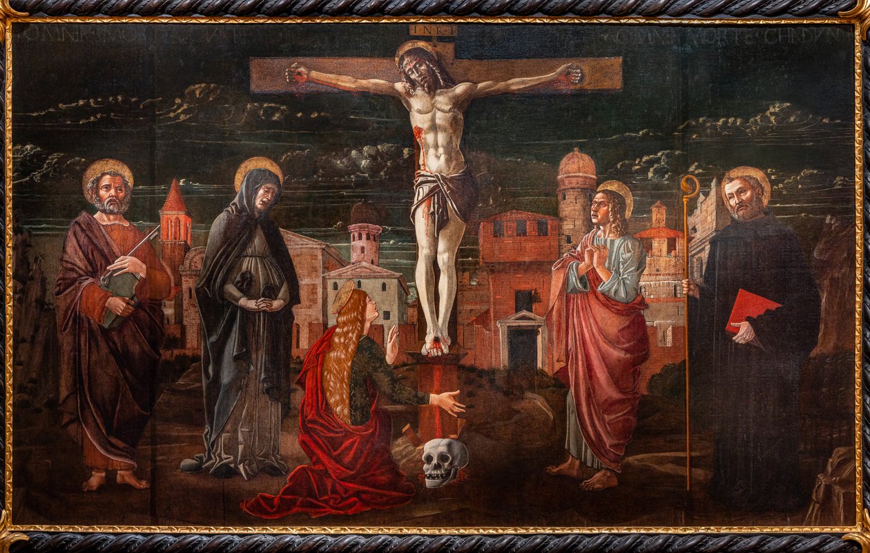 Ristiinnaulittu Kristus Pyhän Pietarin, Neitsyt, Maria Magdaleenan, Pyhän apostoli Johannes ja Pyhän Benedictuksen keskuudessa tekijältä Master of St. Peter in Vicenza