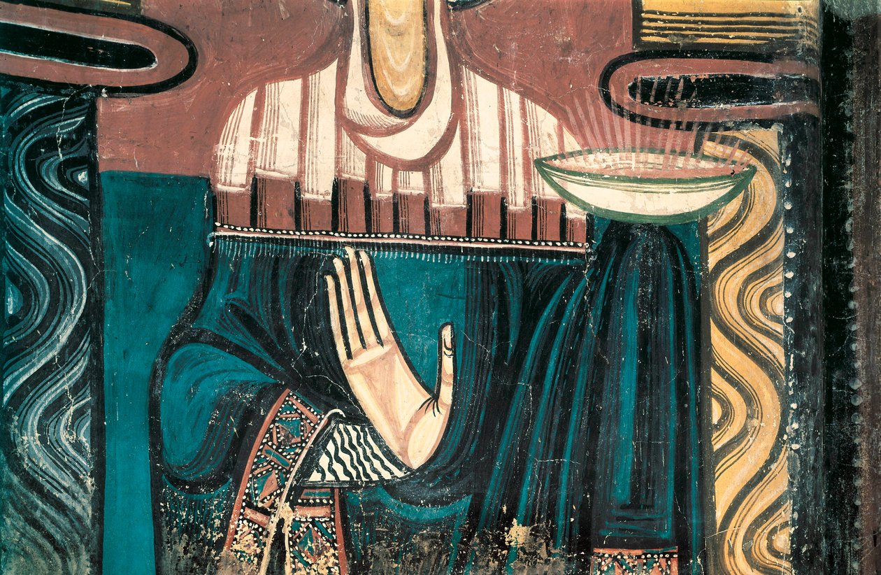 Neitsyt. Yksityiskohta. Fresko Saint Clement de Taullin mestarista. 1123 noin Pyhän Clement de Taullin kirkon apsista (Sant Climent in Taull). Katalonian kansallinen taidemuseo, Barcelona. tekijältä Master of Tahull