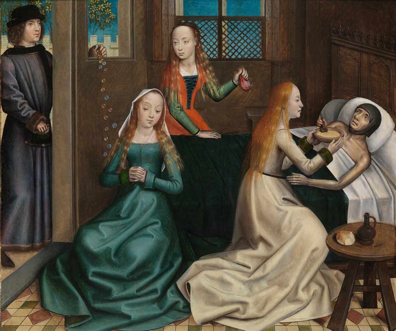 Pyhän Nikolauksen hyväntekeväisyys, Pyhän Nikolauksen alttaritaulusta, n. 1486-1493 (öljy paneelille) tekijältä Master of The Legend of St. Lucy