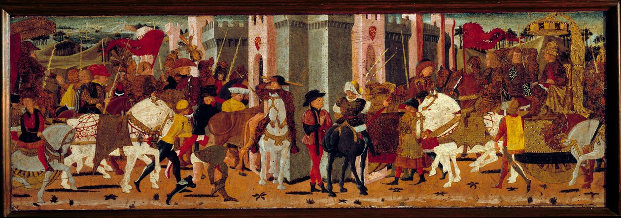 Entrada triunfal do imperador romano Vespasiano (9-79) e seu filho Tito em Roma. Detrempe em madeira do Master De Tournon De Sainte Croixfinnish tekijältä Master of Tournon de Sainte Croix