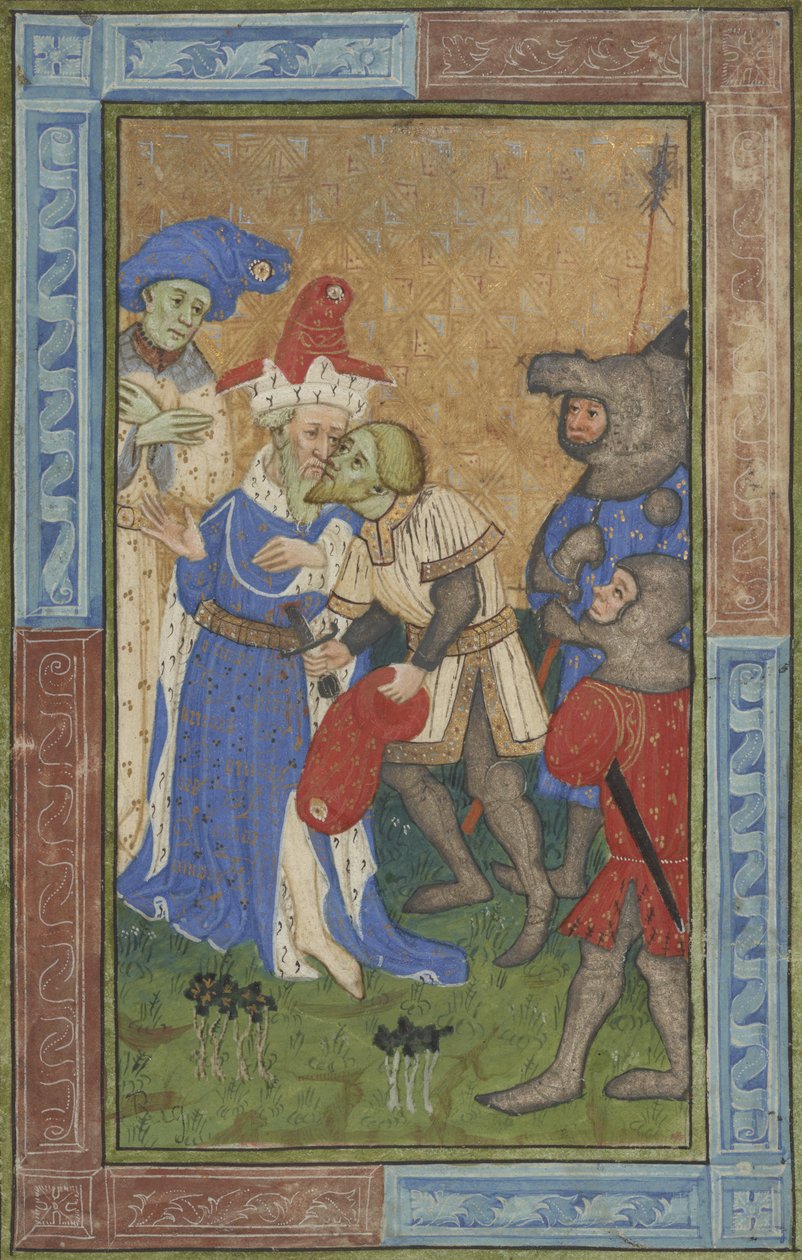 Salamurhakohtaus Ms B.11.7, n. 1420 (tempera, hopea- ja kultamaali pergamentille) tekijältä Master of Trinity College
