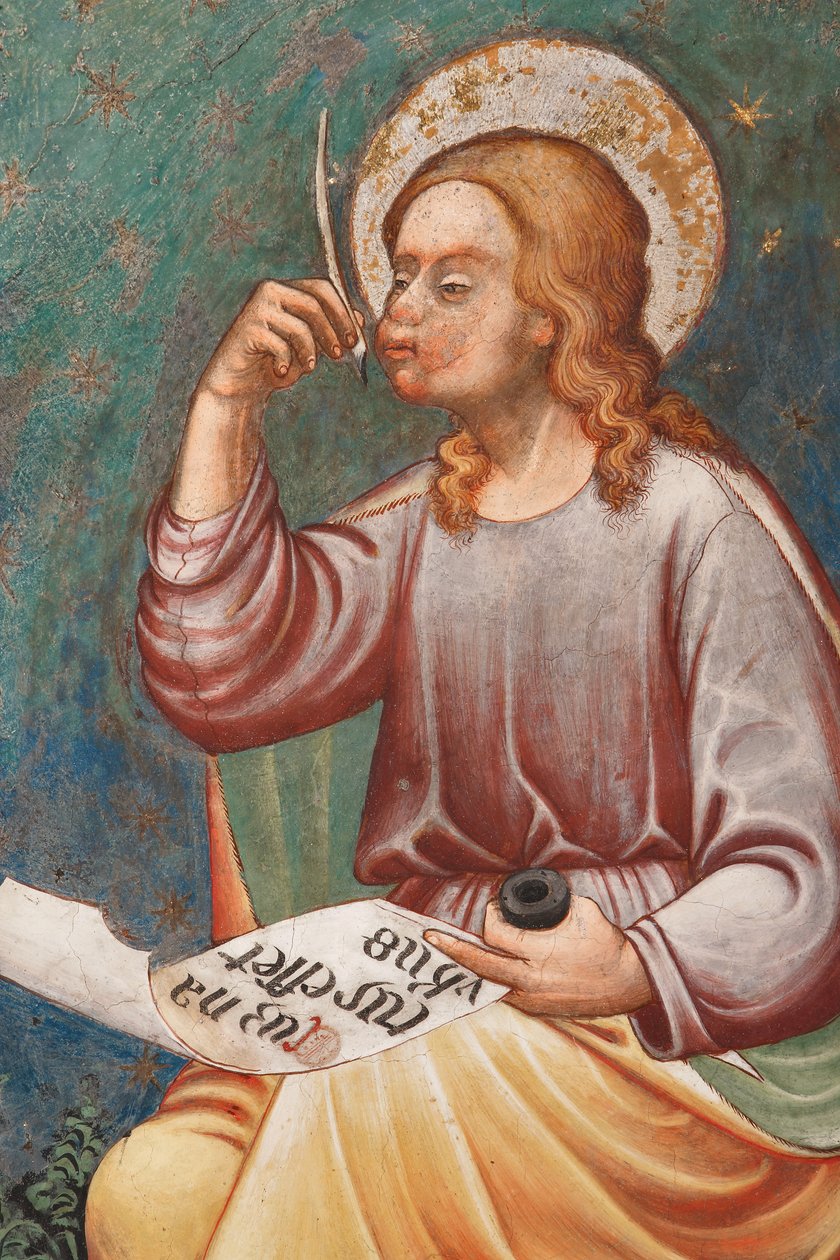"St Matteus evankelista" kirjoitus "Kun Jeesus syntyi", n.1420 (fresko) Yksityiskohta, n.1420 (fresko) tekijältä Master of Vignola