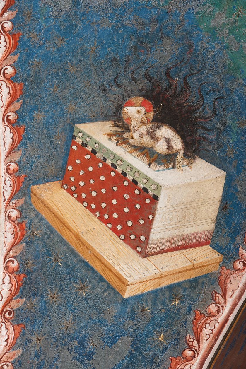 "Mystinen lammas", ihmiskunnan lunastuksen uhrauksen symboli, n. 1420 (fresko) tekijältä Master of Vignola