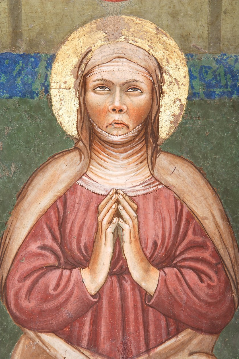 "Helluntai", yksityiskohta Neitsyt Mariasta, n. 1420 (fresko) tekijältä Master of Vignola