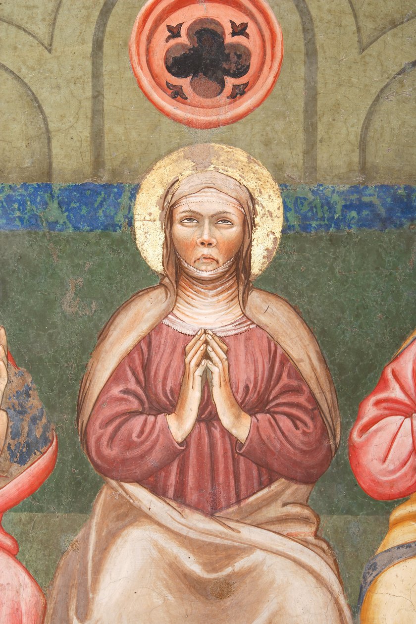 "Helluntai", yksityiskohta Neitsyt Mariasta, n. 1420 (fresko) tekijältä Master of Vignola