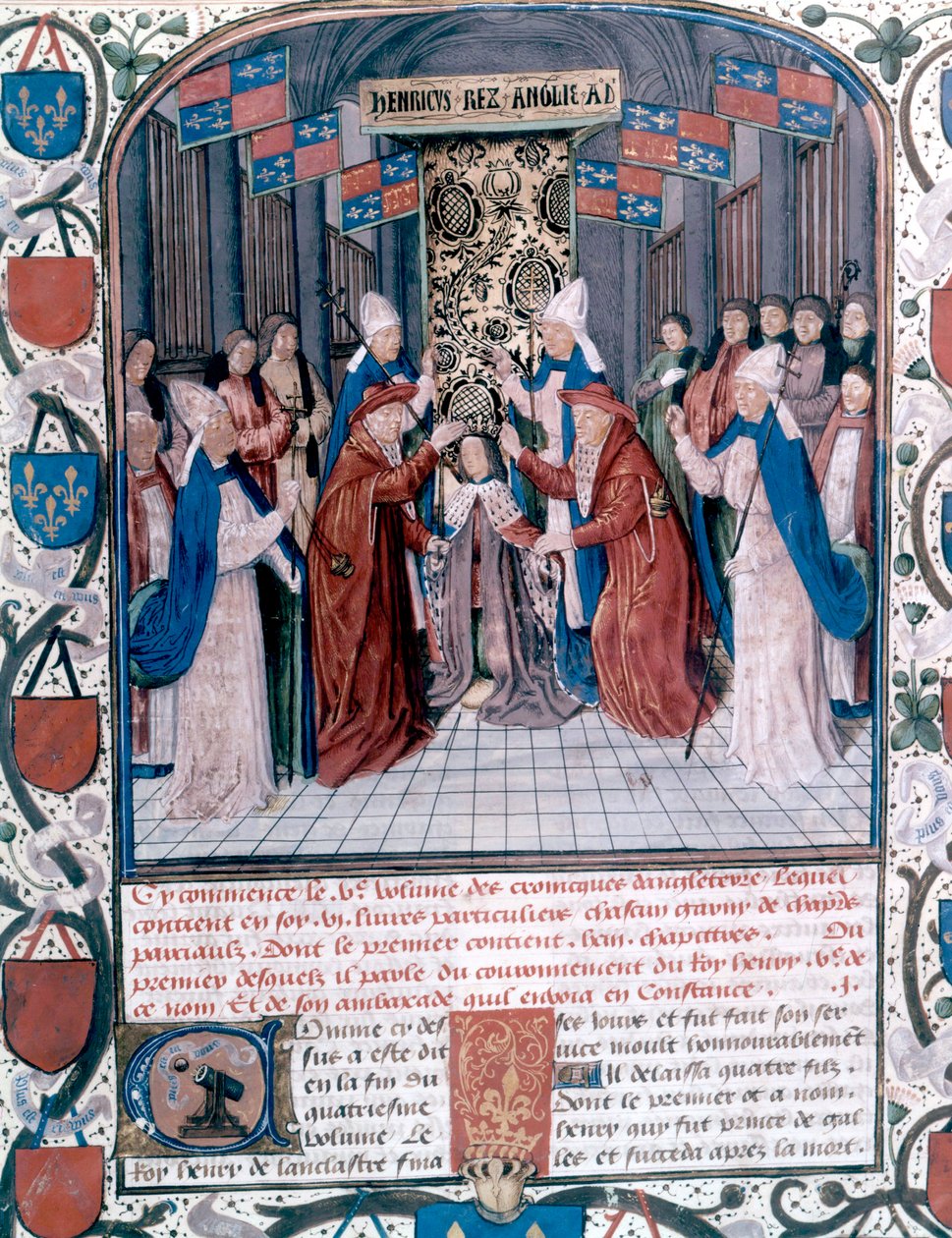 Englannin Henrik V:n kruunaus, kuvitus Jean de Wavrinin (vellum) Chronicles of Englandista tekijältä Master of Wavrin