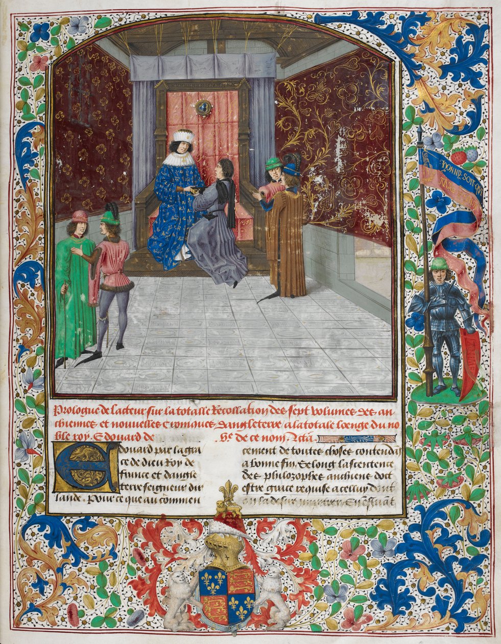 Edward IV nousi valtaistuimelle Kultaisen fleecen ritarikunnan yllään, vastaanottaen kirjan Jean Wavrinilta, Chroniques d