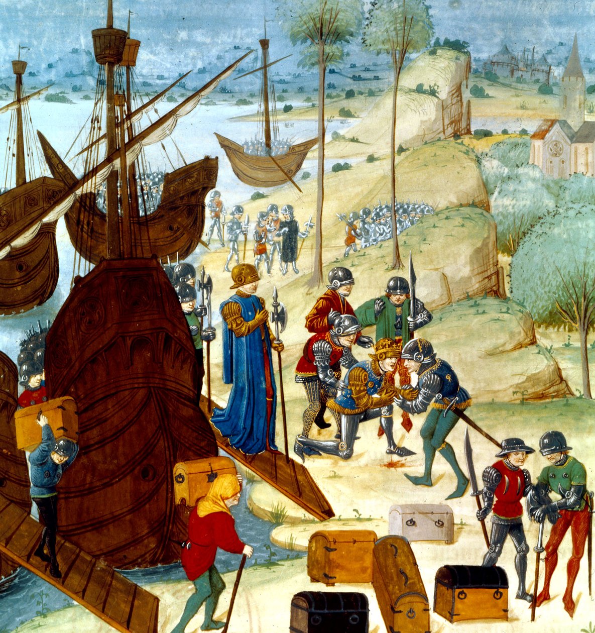 Kuningas Edward III saapuu Saint Vaast La Hogueen 12. heinäkuuta 1346, kuva Chroniques dAngleterre -julkaisusta. tekijältä Master of Wavrin