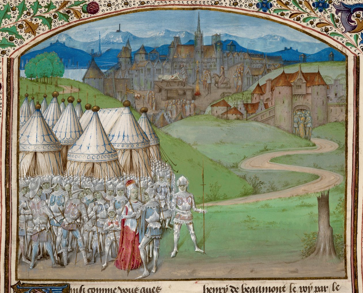 Royal 15 E. IV f.316v Kuningatar Isabella ja hänen armeijansa, taustalla Hugh le Despenserin ruumis, kuva Chroniques d