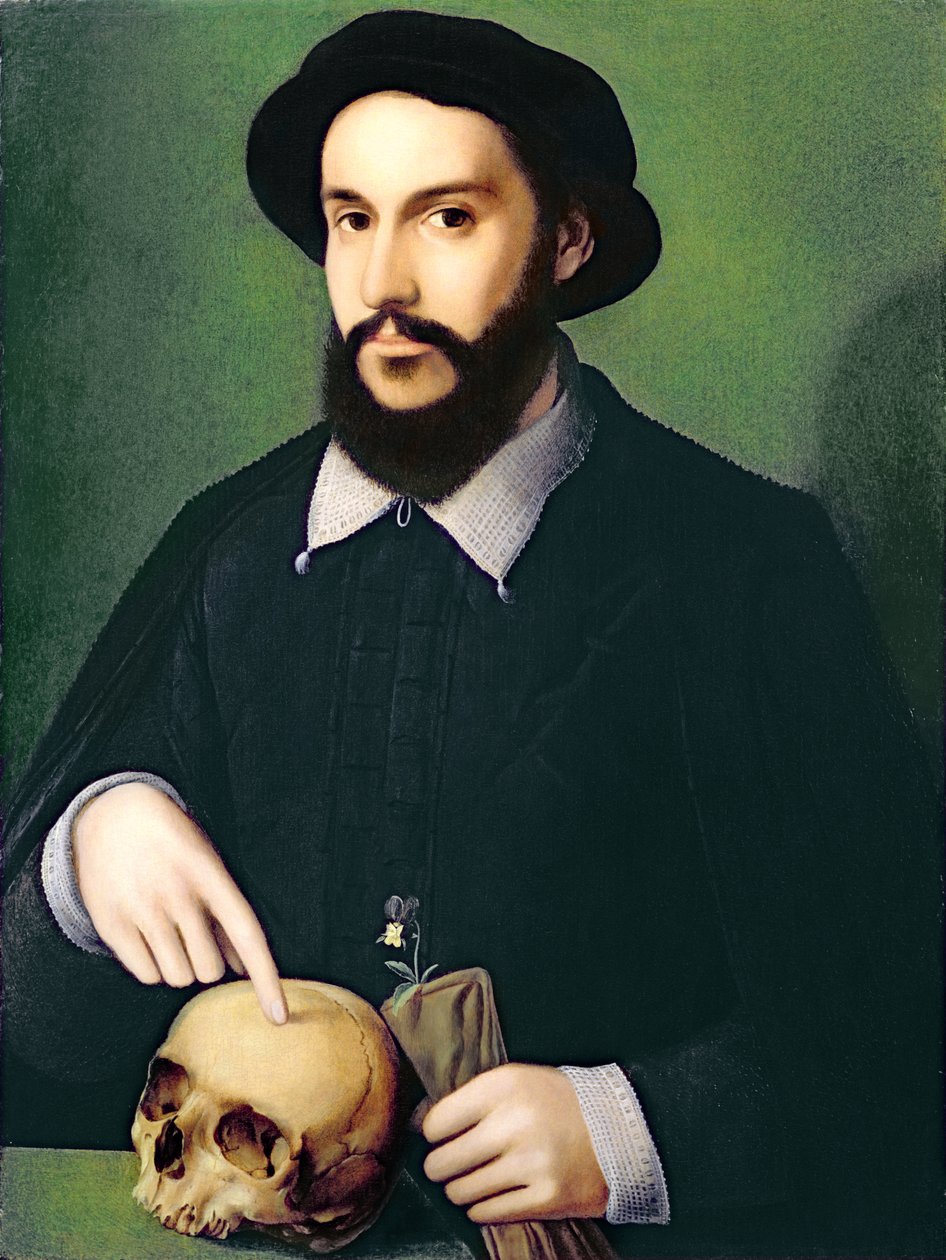 Muotokuva herrasmiehestä oikealla kädellä osoittaa pääkalloa, n. 1540 tekijältä Master of the 1540s