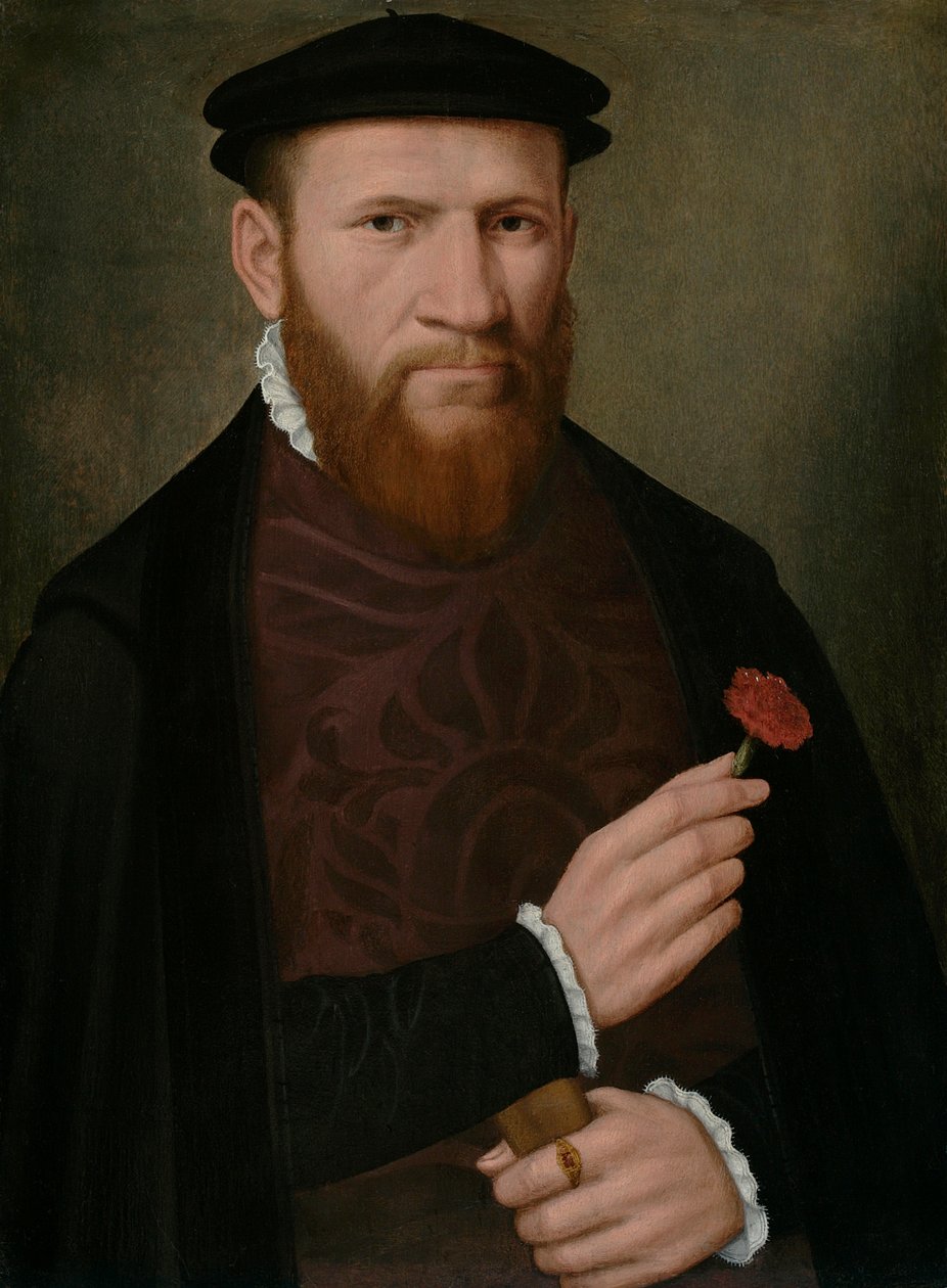 Muotokuva miehen oikeasta kädestä pitelemässä punaista neilikkaa ja vasemmassa hansikkaassa, 1540-51 tekijältä Master of the 1540s