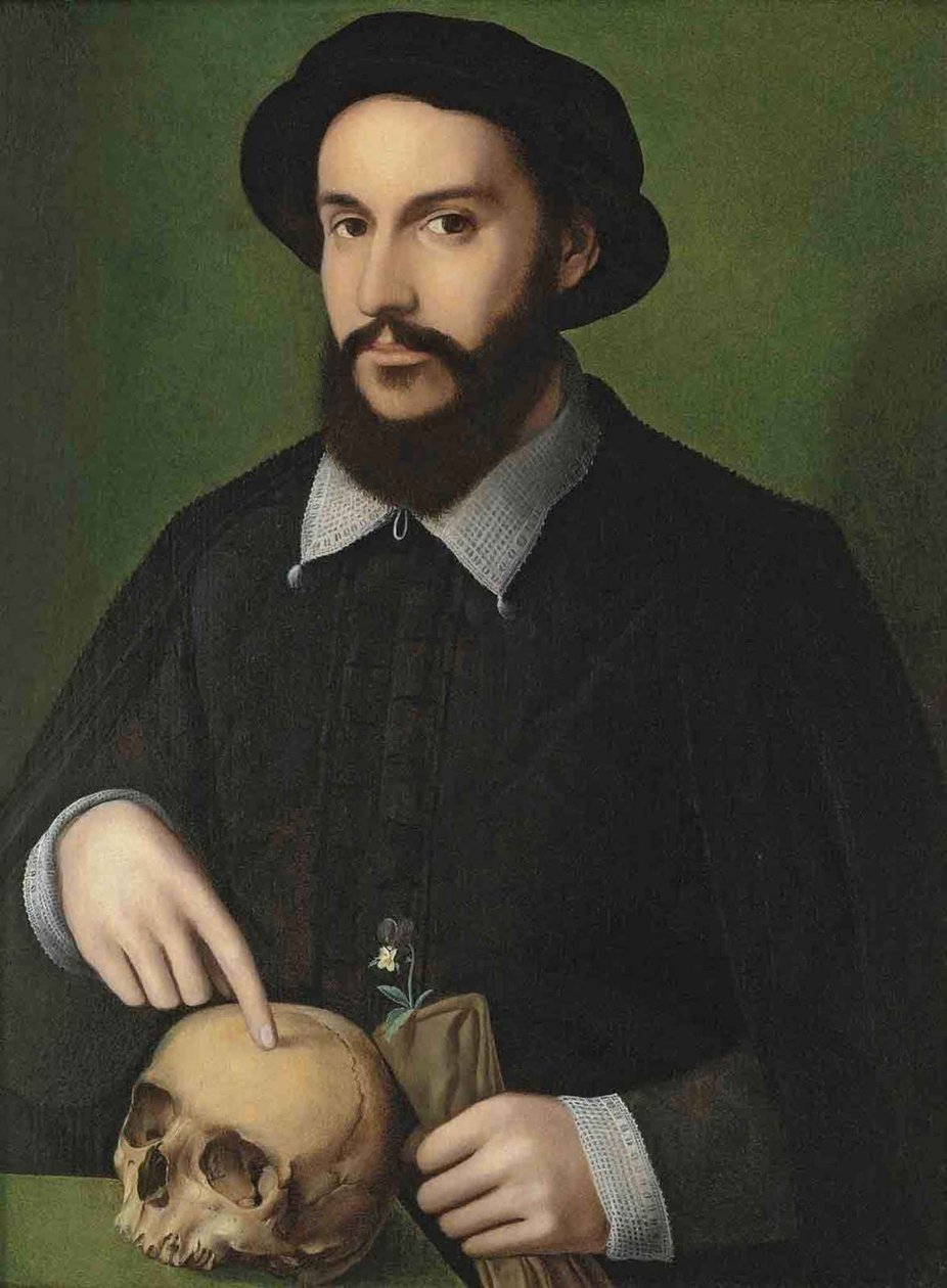Muotokuva miehestä, joka osoittaa pääkalloon tekijältä Master of the 1540s