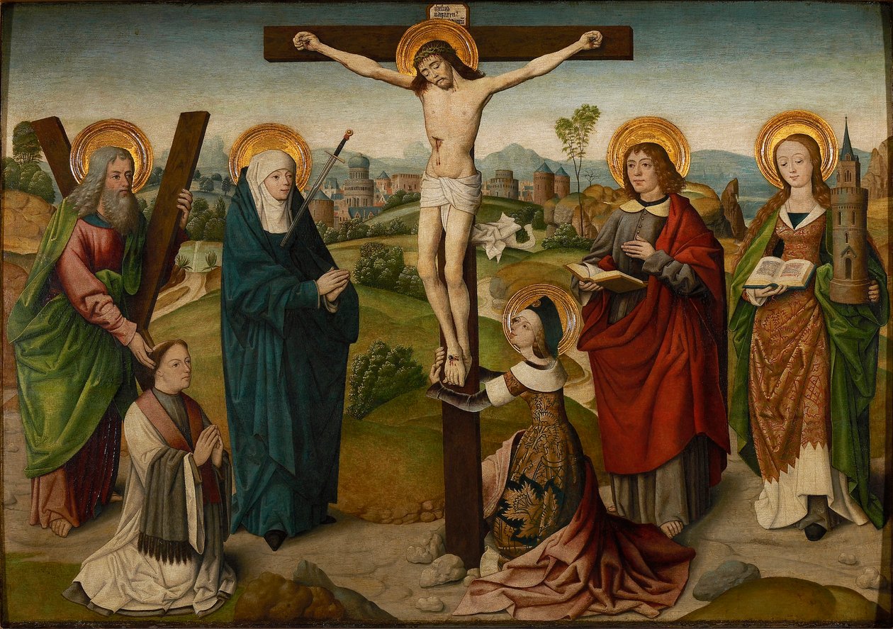 Ristiinnaulitseminen pyhien ja lahjoittajien kanssa, n. 1490-1495. tekijältä Master of the Aachen Cabinet Doors