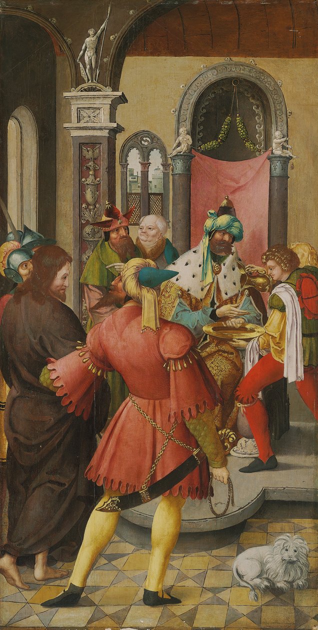 Alttaritaulun siipi: Kristus Pilatuksen edessä tekijältä Master of the Antwerp Adoration