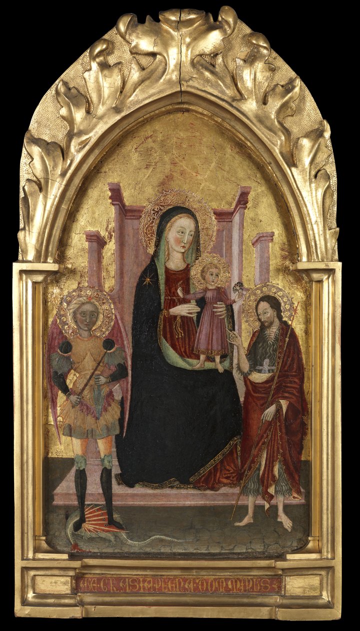 Neitsyt ja lapsi valtaistuimella Pyhän Mikaelin ja Pyhän Johannes Kastajan kanssa, n. 1440-1470 tekijältä Master of the Arcetri Altarpiece