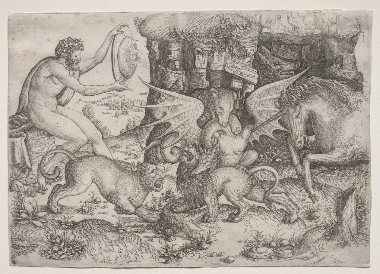 Allegorinen teema: Eläinten taistelu, c. 1515-1520. tekijältä Master of the Beheading of St.
