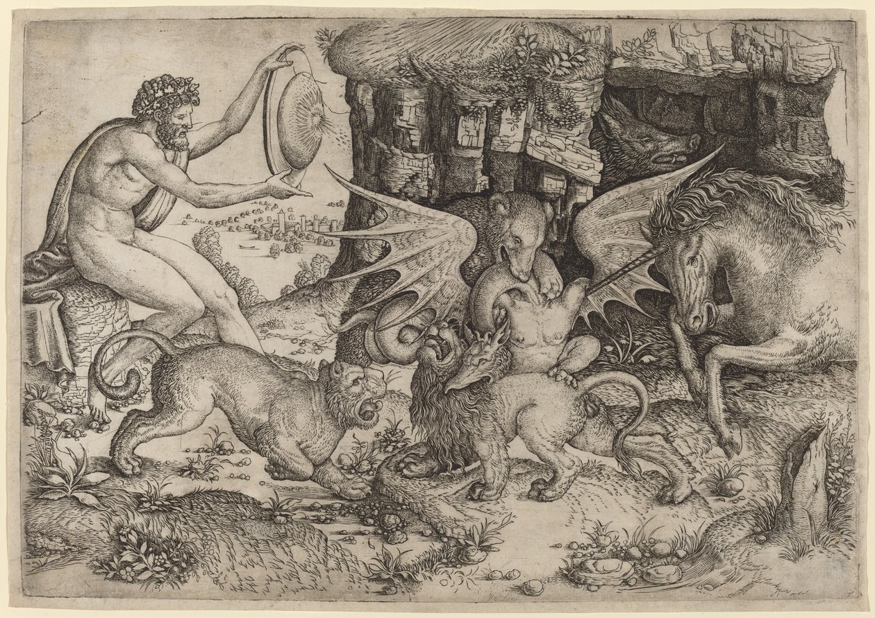 Allegorinen teema: Eläinten taistelu tekijältä Master of the Beheading of St. John
