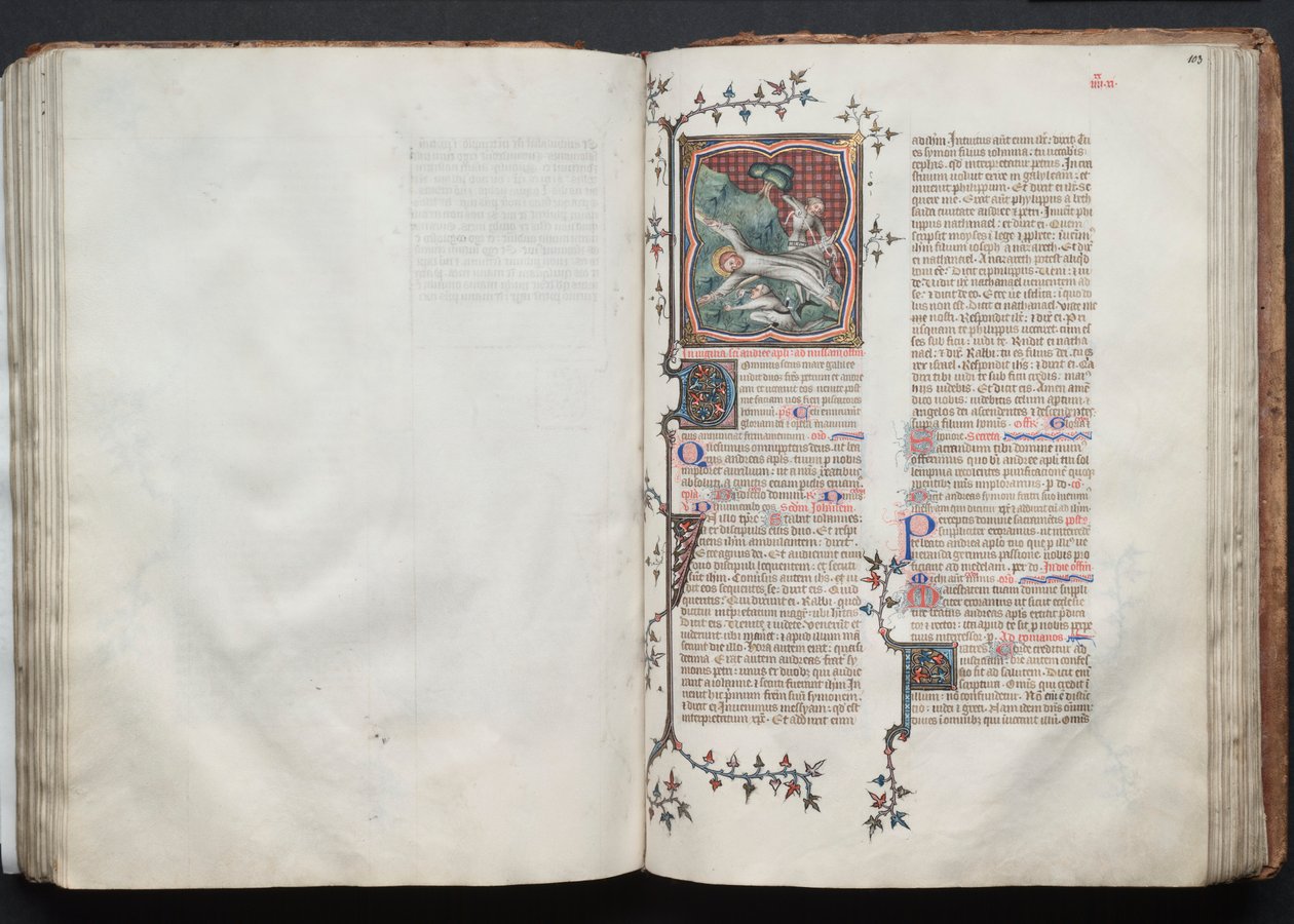Gothan messali: Fol. 103r, Pyhä Andreas sidottu ristiin, n. 1375. tekijältä Master of the Boqueteaux