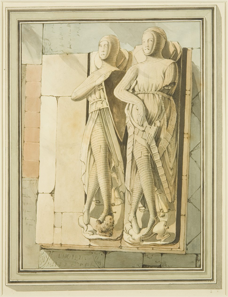 Kahden ritarin, "Maurice of Gaunt" ja "Robert de Gourney" hahmot Pyhän Markuksen kirkossa tekijältä Master of the Bristol Church Monuments