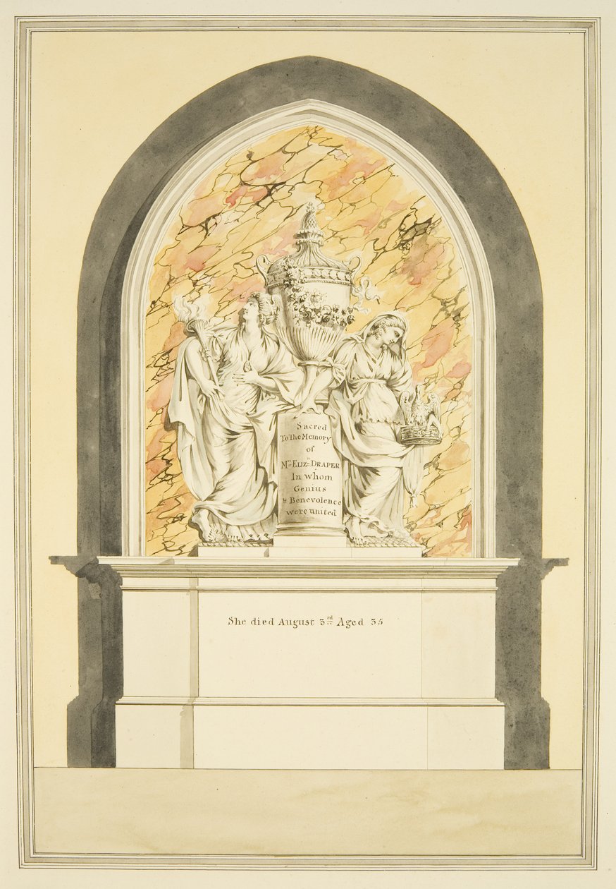 Vuonna 1835 kuolleen rouva Elizabeth Draperin hauta Bristolin katedraalissa (akvarelli paperille) tekijältä Master of the Bristol Church Monuments