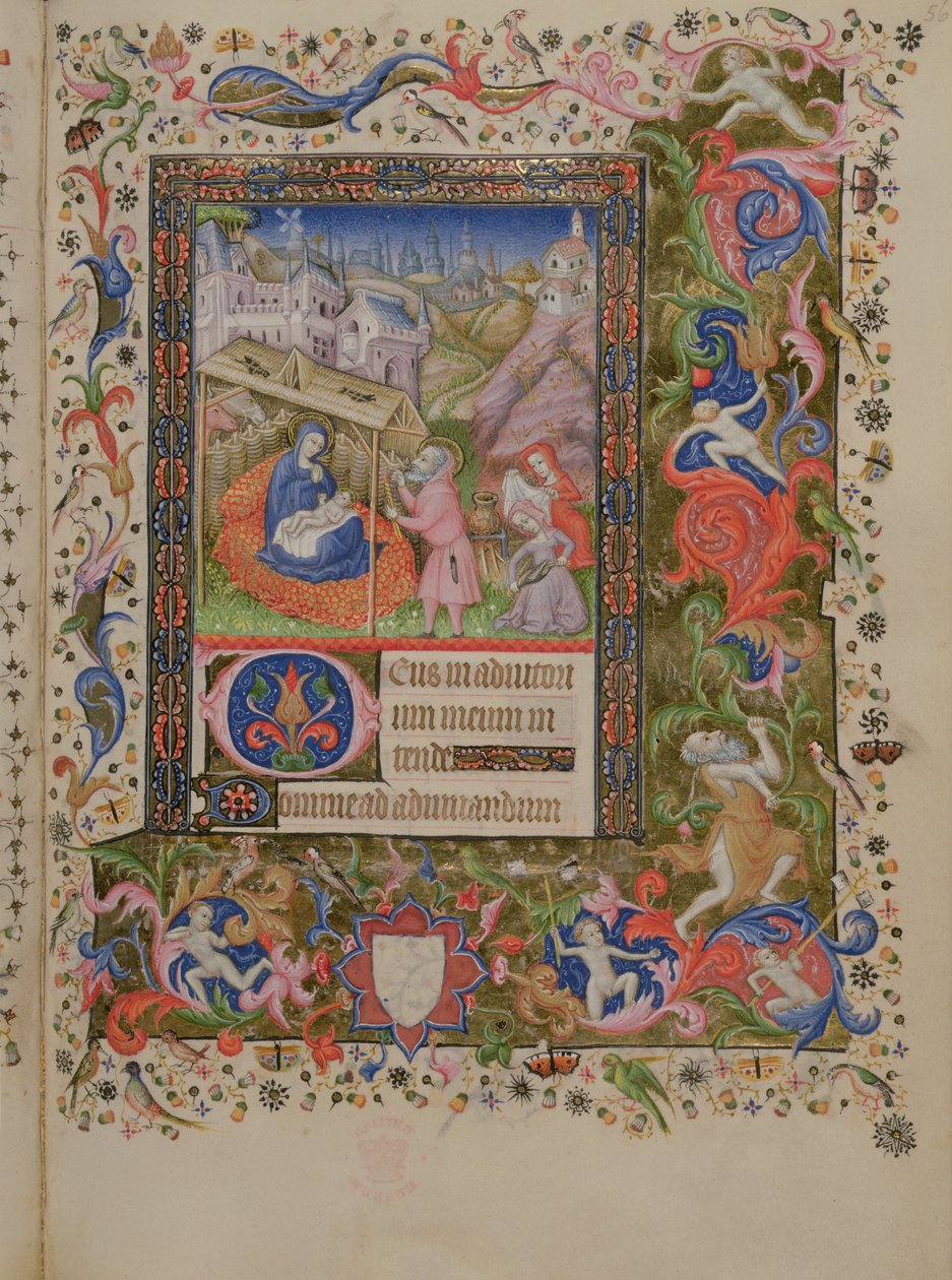 Lisää 29433 f.56 Syntymä, Tuntikirjasta, n.1407 (vellum) (katso myös 16338 & 16339) tekijältä Master of the Brussels Initials