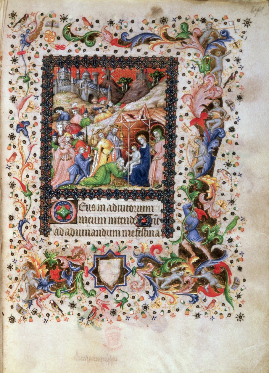 Lisää 29433 f.67 Lapsen palvonta, Tuntikirjasta, n.1407 (vellum) tekijältä Master of the Brussels Initials