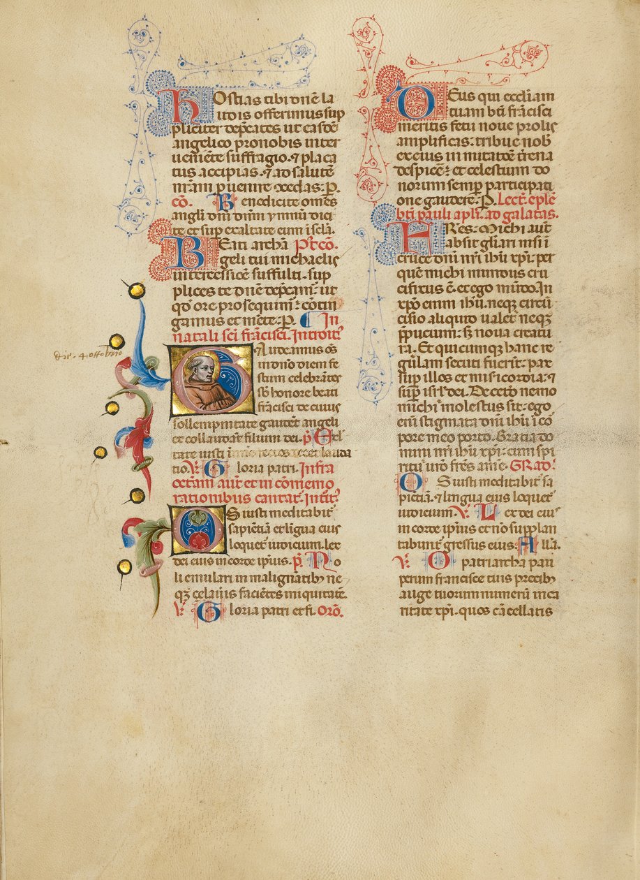 Alkukirjain G: Saint Francis tekijältä Master of the Brussels Initials