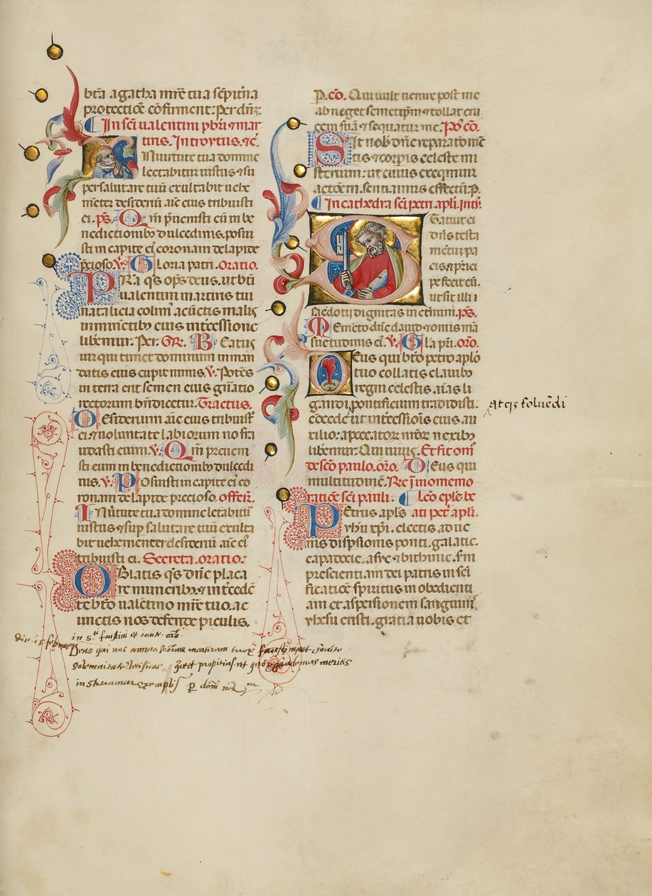 Alkukirjain I: Pyhä Valentinus; alkukirjain S: Pyhä Pietari. tekijältä Master of the Brussels Initials