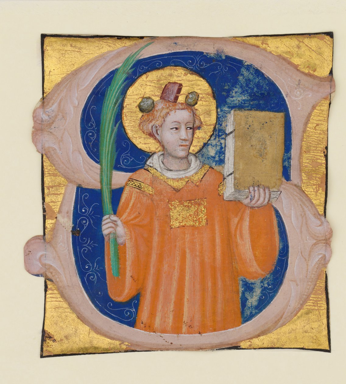 Käsikirjoitus valaistuksen kanssa Saint Stephenin kirjaimella S, antifonaarista, italia, n. 1410-2 tekijältä Master of the Brussels Initials