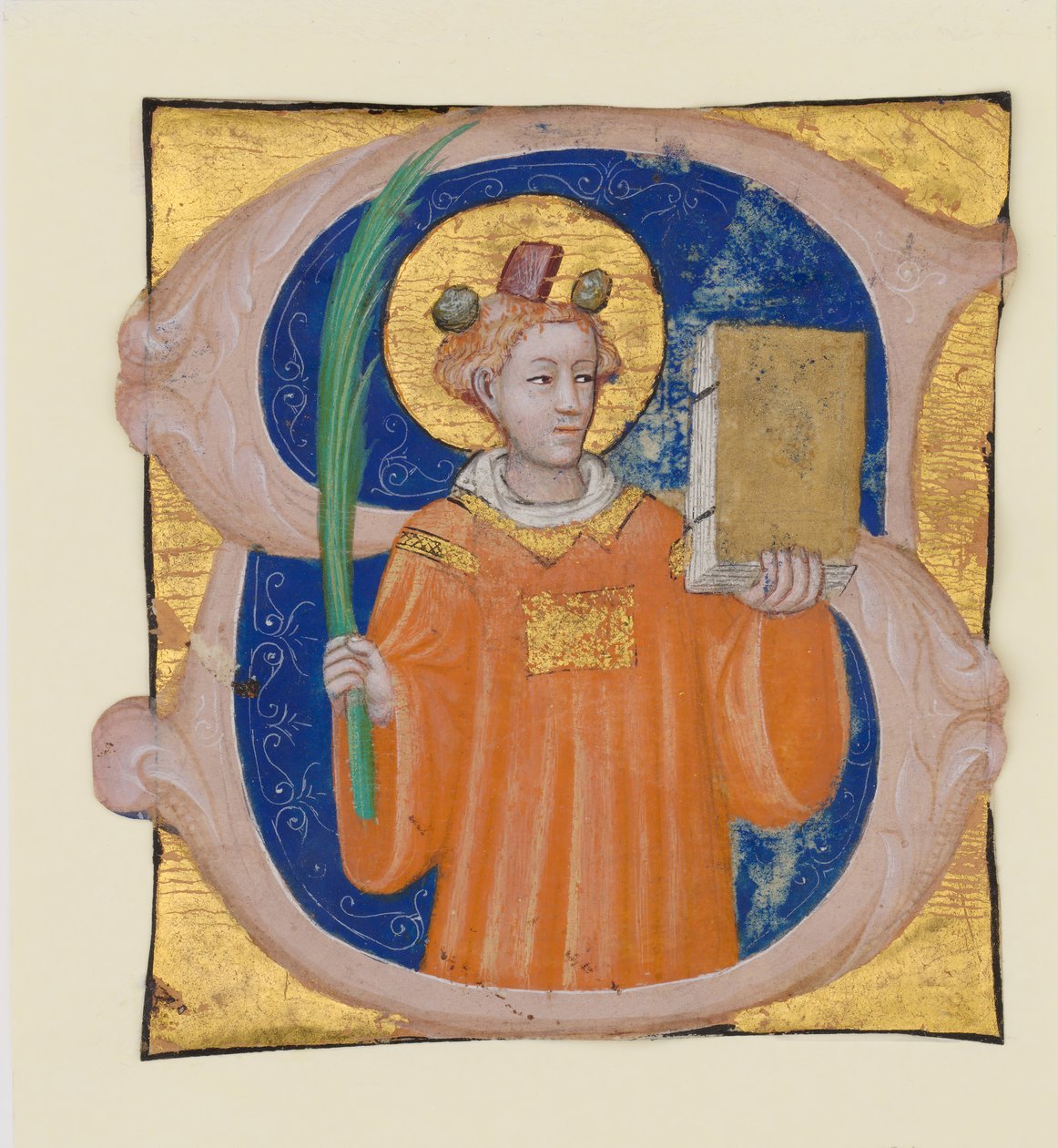 Käsikirjoituksen valaistus Pyhän Stefanoksen kanssa S-kirjaimella, antifonaarista, n. 1410-20. tekijältä Master of the Brussels Initials