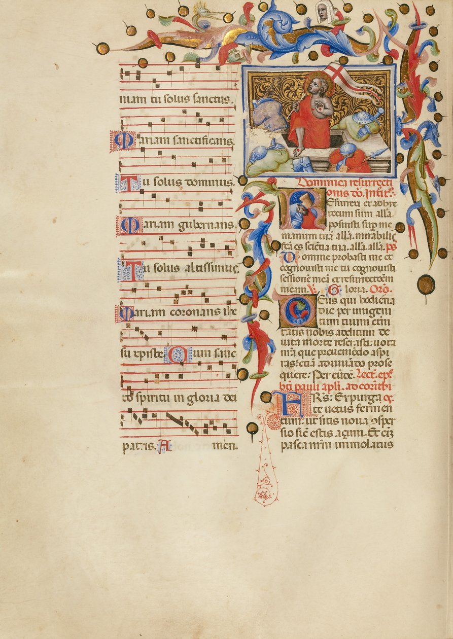 Ylösnousemus; Initial R: Nukkuva sotilas. tekijältä Master of the Brussels Initials