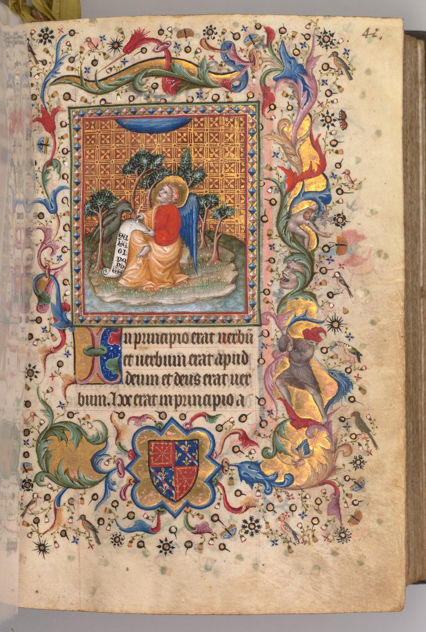 Kaarle Aatelisen, Navarran kuninkaan tunnit 1361-1425: fol.1r, evankelista Pyhä Johannes, n. 1405. tekijältä Master of the Brussels Initials and Associates