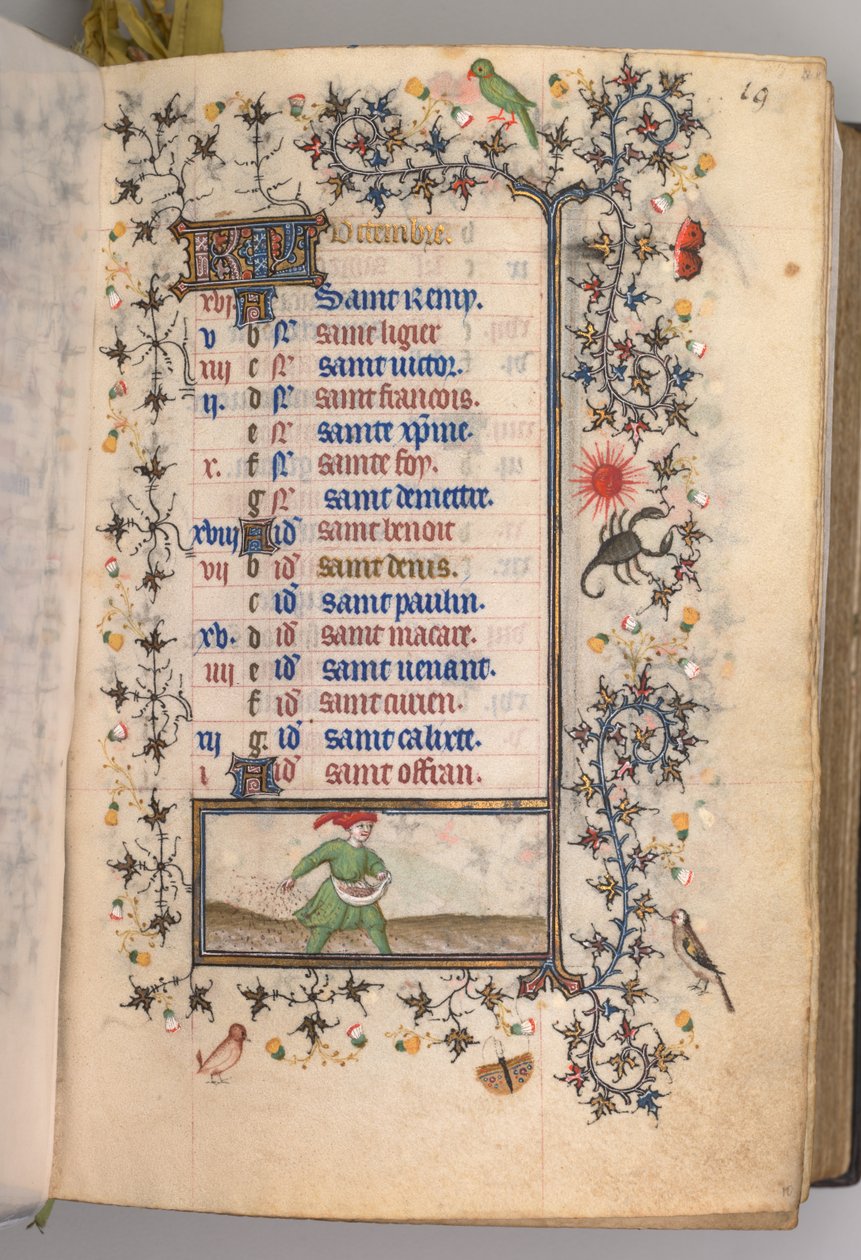 Kaarle Aatelisen, Navarran kuninkaan tunnit 1361-1425: fol. 10r, lokakuu, c. 1405. tekijältä Master of the Brussels Initials and Associates