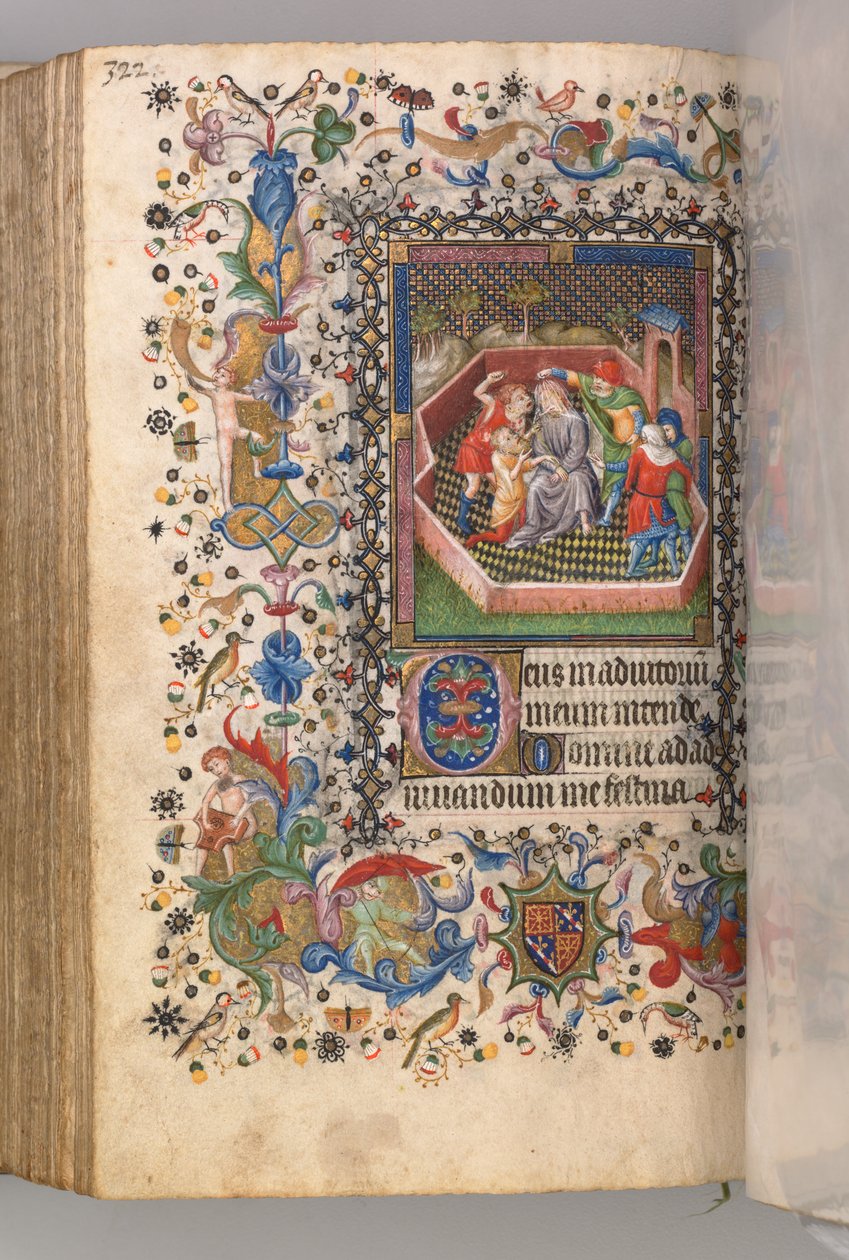 Kaarle Aatelisen, Navarran kuninkaan tunnit 1361-1425: fol. 161v, Kristuksen pilkkaaminen, n. 1405. tekijältä Master of the Brussels Initials and Associates