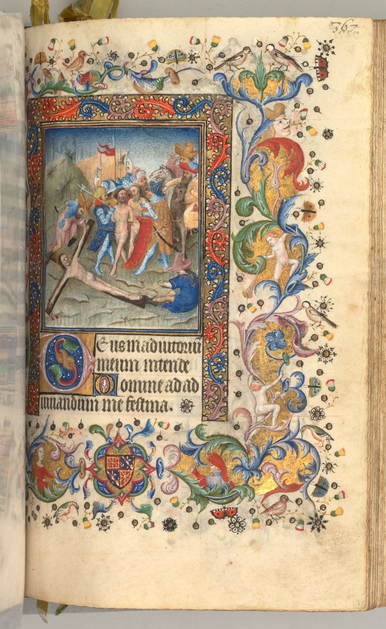 Kaarle Aatelisen, Navarran kuninkaan tunnit 1361-1425: fol. 179r, Kristus ristille naulattuna, n. 1 tekijältä Master of the Brussels Initials and Associates
