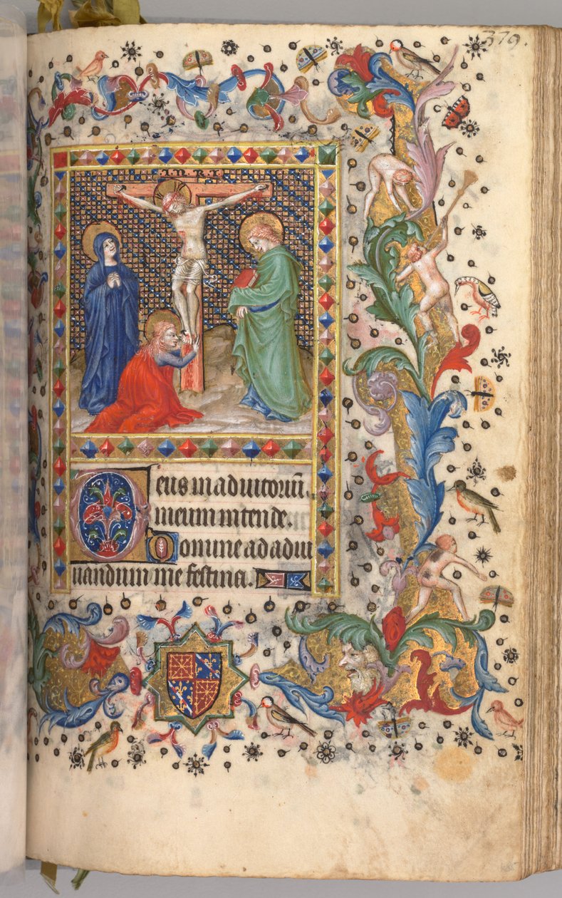 Kaarle Aatelisen, Navarran kuninkaan tunnit 1361-1425: fol. 185r, Ristiinnaulitseminen, n. 1405. tekijältä Master of the Brussels Initials and Associates