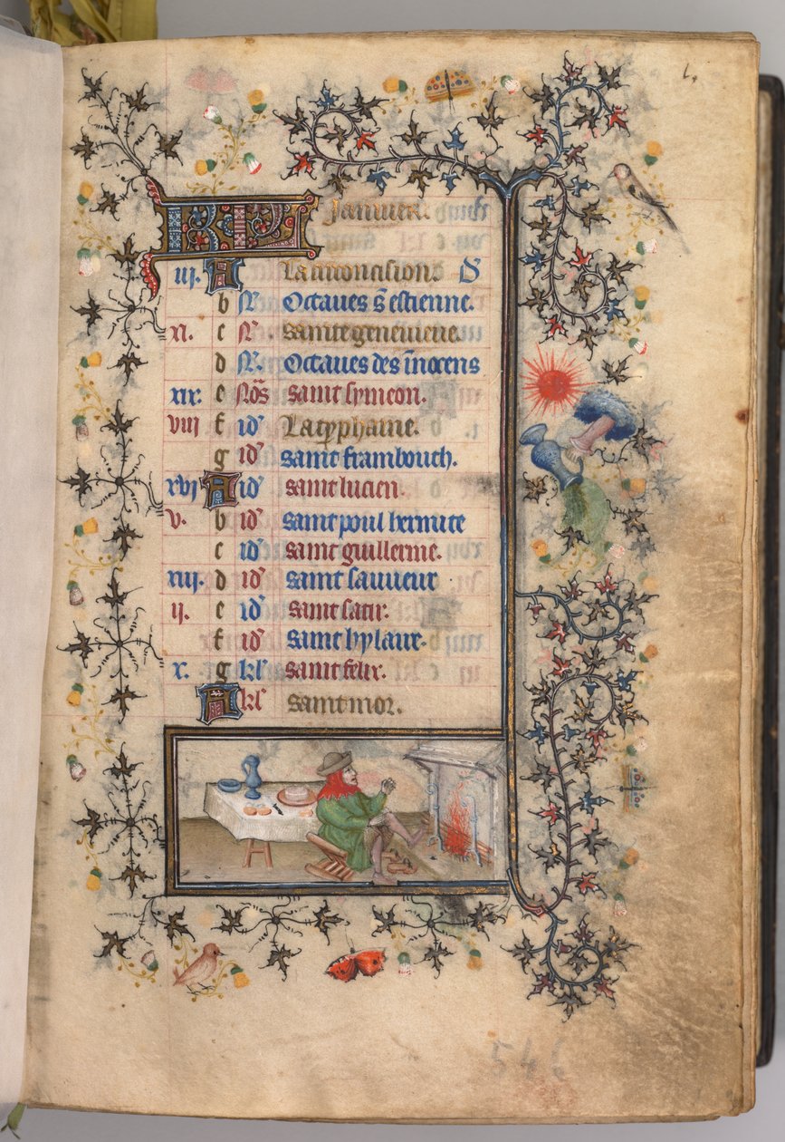 Kaarle Aatelisen, Navarran kuninkaan tunnit 1361-1425: fol. 1r, tammikuu, c. 1405. tekijältä Master of the Brussels Initials and Associates