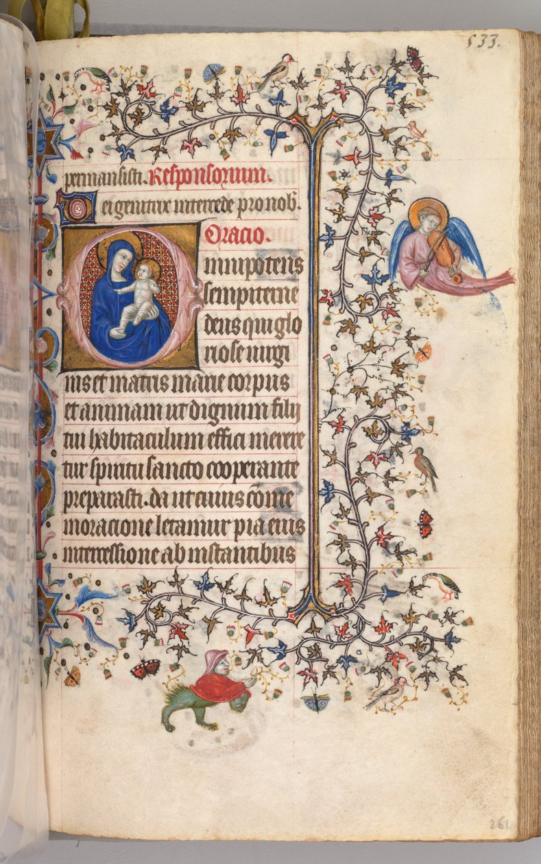 Kaarle Aatelisen, Navarran kuninkaan tunnit 1361-1425: fol. 261r, Neitsyt ja lapsi, n. 1405. tekijältä Master of the Brussels Initials and Associates