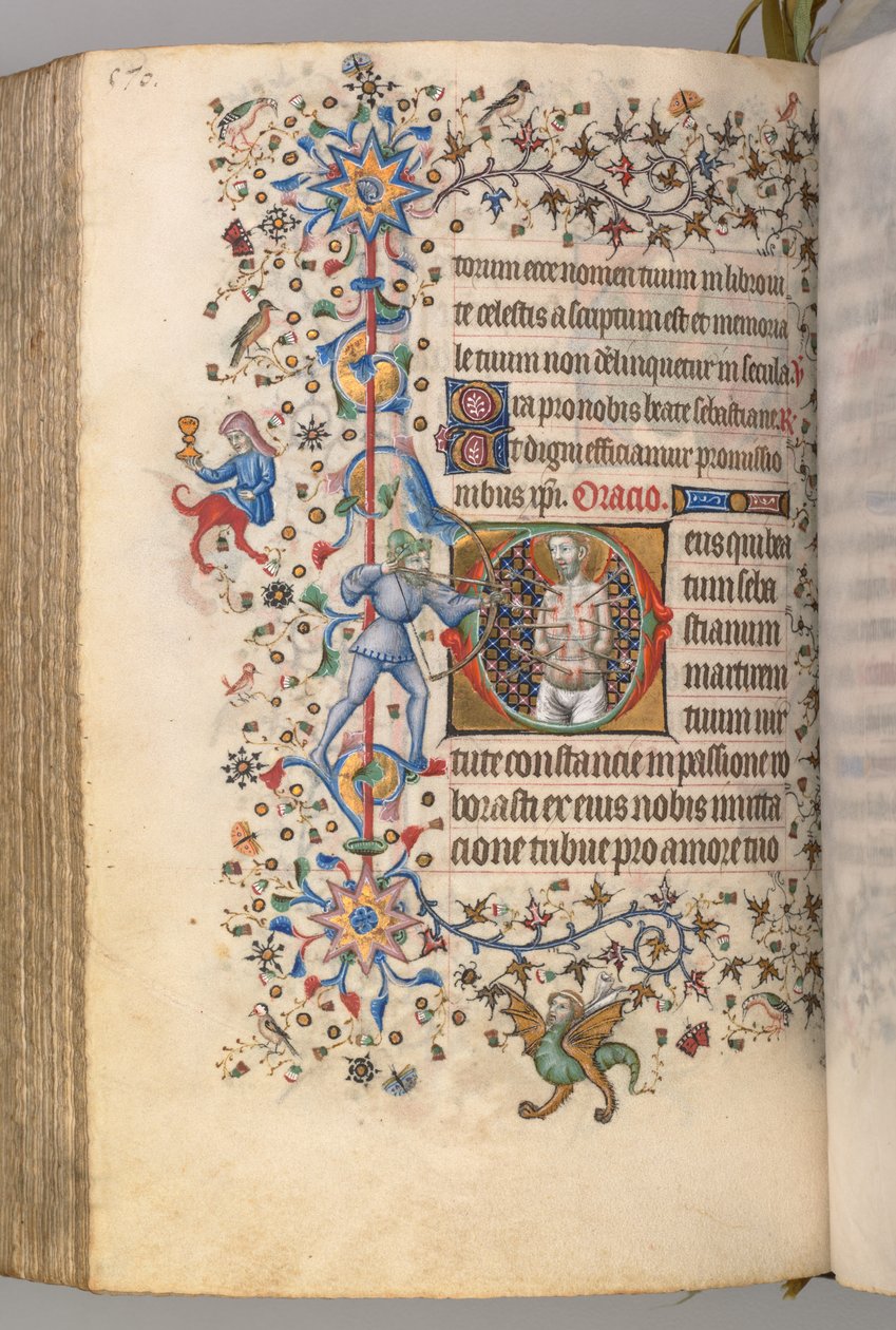 Kaarle Aatelisen, Navarran kuninkaan tunnit 1361-1425, fol. 279v, St. Sebastian, c. 1405. tekijältä Master of the Brussels Initials and Associates
