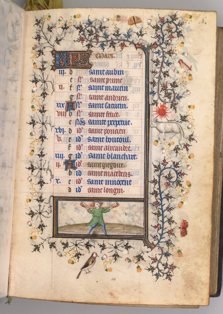 Kaarle Aatelisen, Navarran kuninkaan tunnit 1361-1425: fol. 3r, maaliskuu, c. 1405. tekijältä Master of the Brussels Initials and Associates
