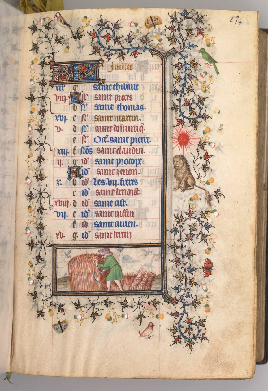 Kaarle Aatelisen, Navarran kuninkaan tunnit 1361-1425: fol. 7r, heinäkuuta, c. 1405. tekijältä Master of the Brussels Initials and Associates