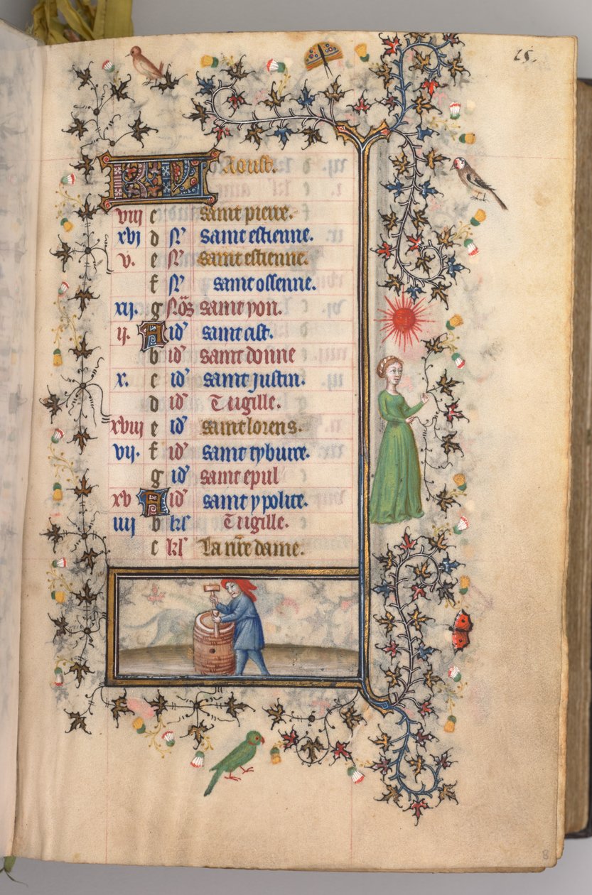 Kaarle Aatelisen, Navarran kuninkaan tunnit 1361-1425: fol. 8r, elokuu, c. 1405. tekijältä Master of the Brussels Initials and Associates