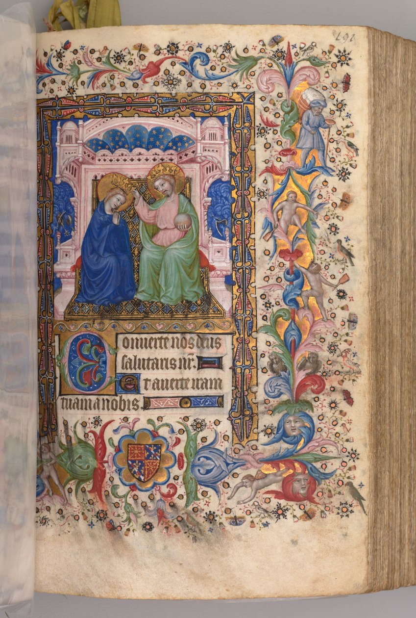 Kaarle Aatelisen, Navarran kuninkaan tunnit 1361-1425: fol. 96r, Neitsyen kruunaus..., c. 1 tekijältä Master of the Brussels Initials and Associates