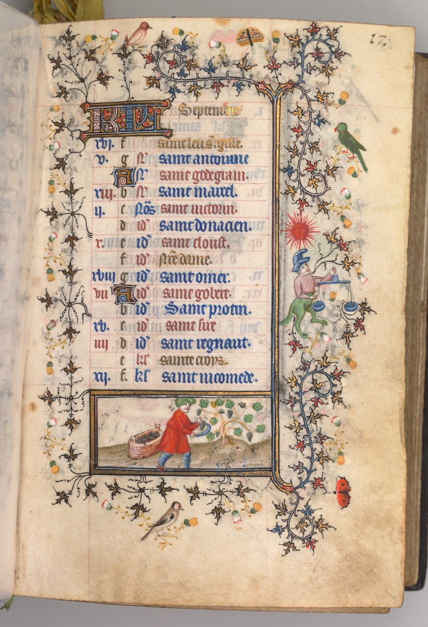 Kaarle Aatelisen, Navarran kuninkaan tunnit 1361-1425: fol. 9r, syyskuu, c. 1405. tekijältä Master of the Brussels Initials and Associates